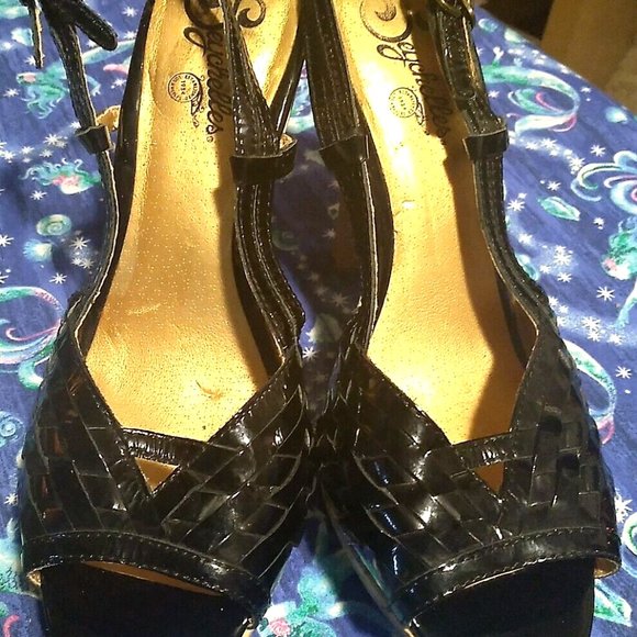 SEYCHELLES BLACK SLING BACKS OPEN TOE, CORK CONE HEEL, PATENT LEATHER SIZE 7.5. - Picture 4 of 5